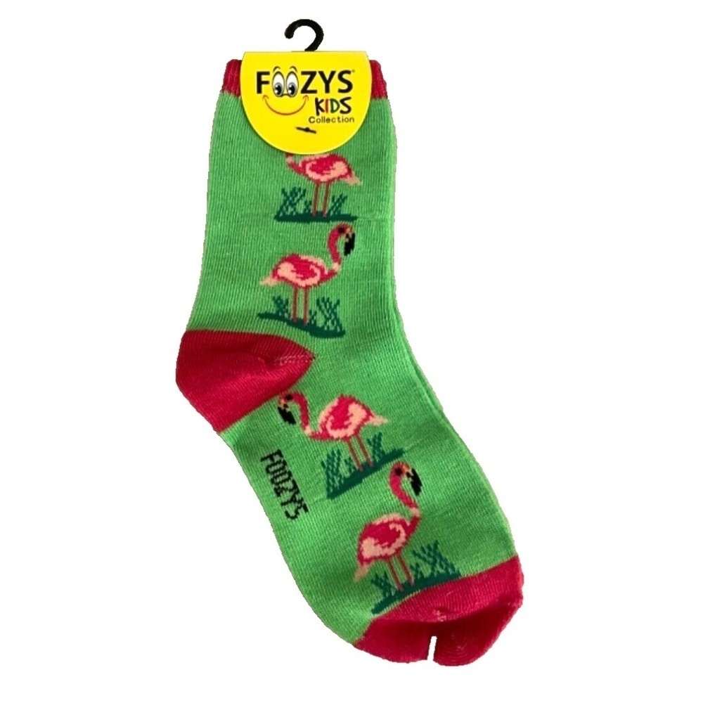Foozys Kids Crew Socks: Flamingo;‎ Green/Pink; Kids 5-10 yrs